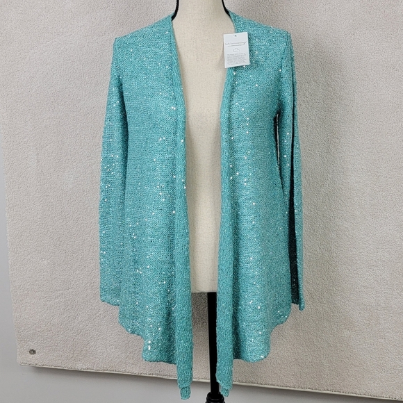 Soft Surroundings Turquoise Sequin Shimmer Open Front Elegant Cardigan Sz XS NEW - Picture 3 of 10